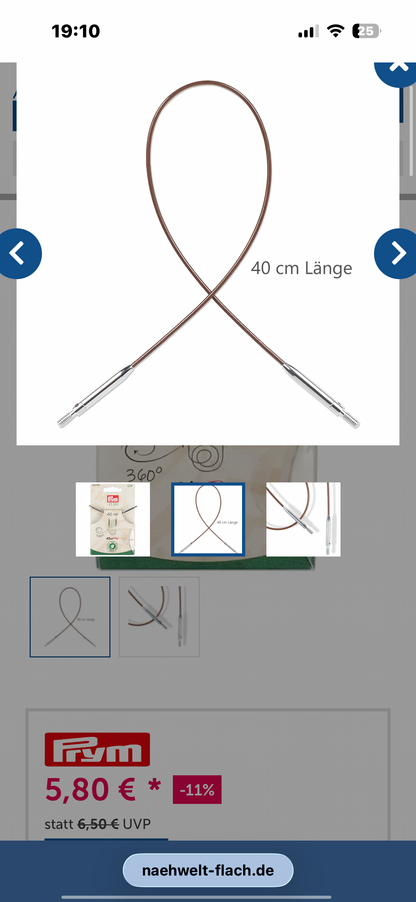 Prym Natural Kunststoffseil 40 cm
(360º drehbare Endstücke / austauschbare Nadelspitzen)