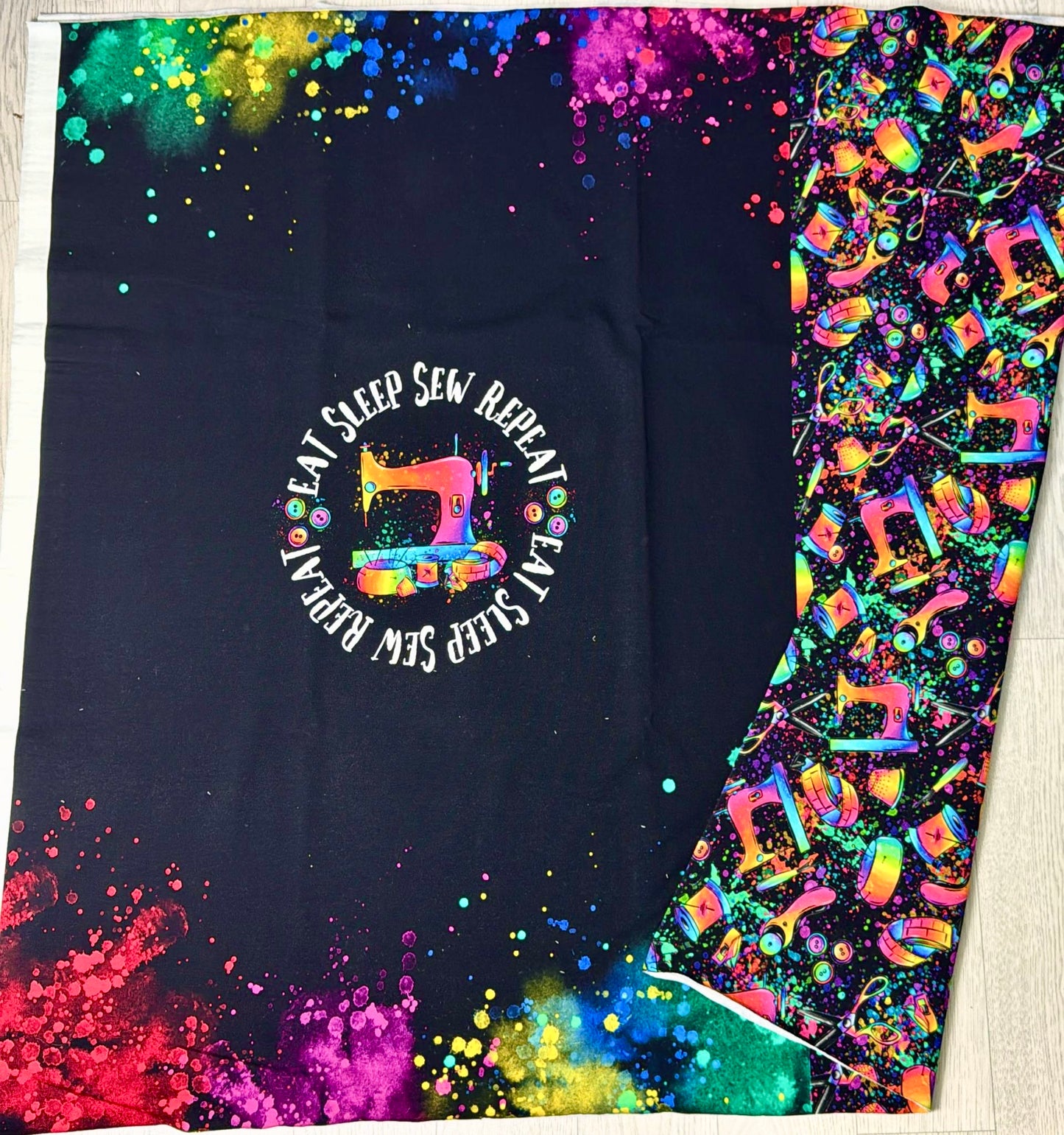 EAT SLEEP SEW REPEAT PANEL 80x180cm black French Terry