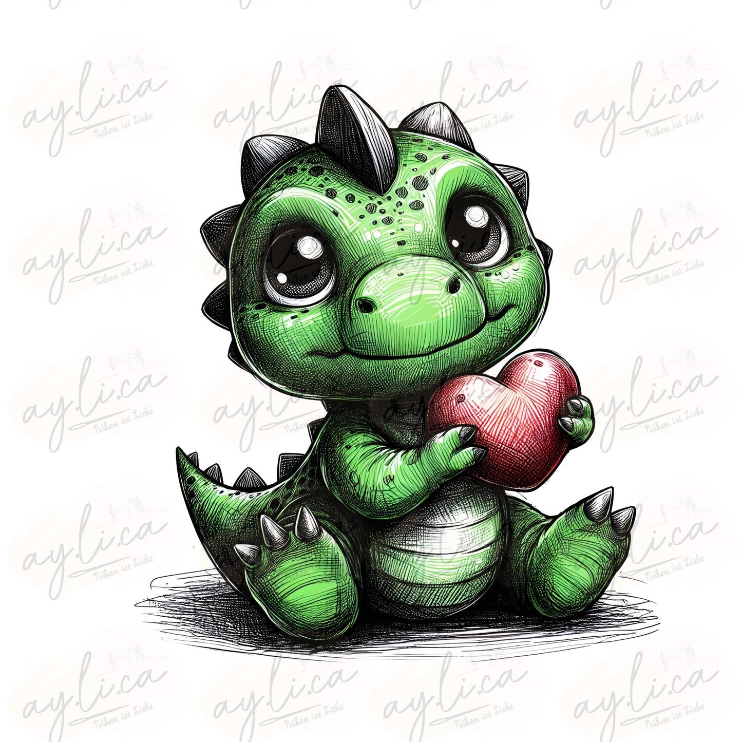 BÜGELBILD grüner Drache mit Herz